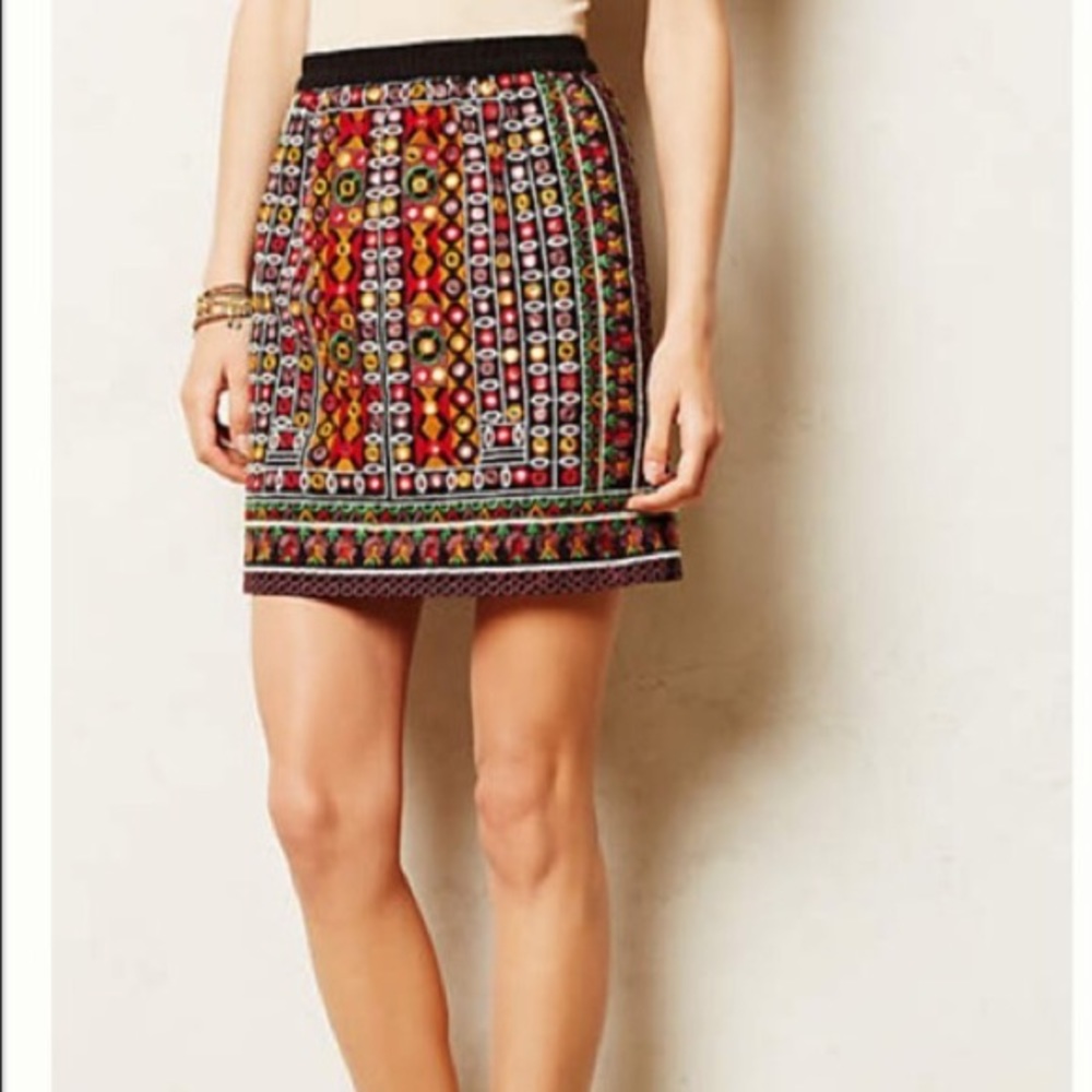Anthro Tolani Mirrored & Embroidered Mini Skirt S